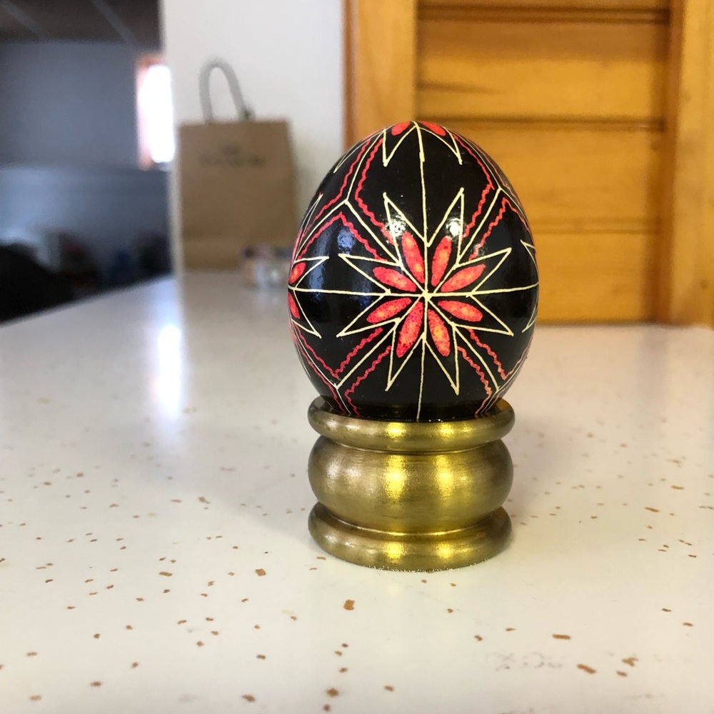 Hand Painted, Real Hollowed Out Egg Shell with Abstract Design and Metal Stand